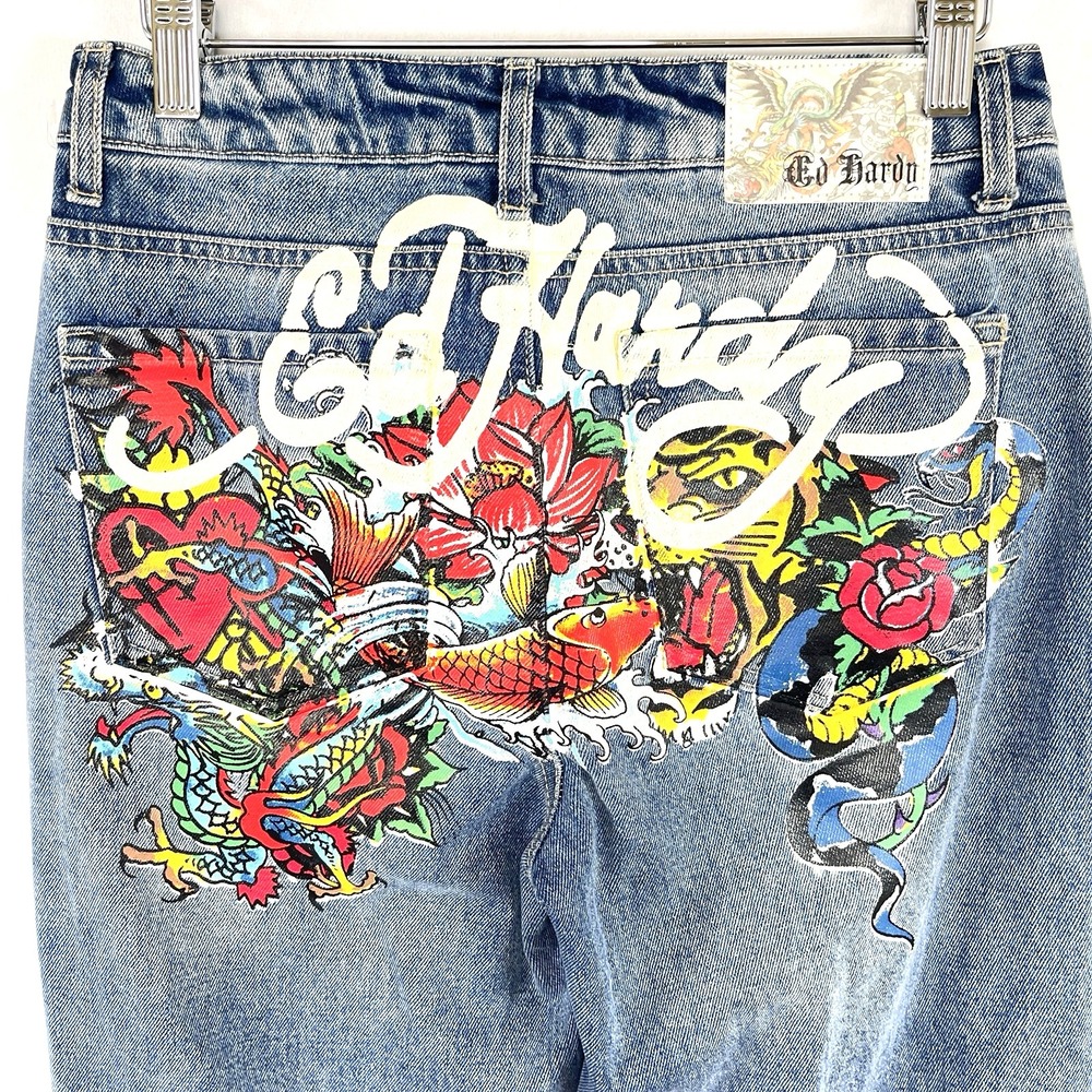 Ed‎ Hardy Womens Y2K Skater Baggy Jeans Size 26 Painted Logo Koi Relaxed Grunge